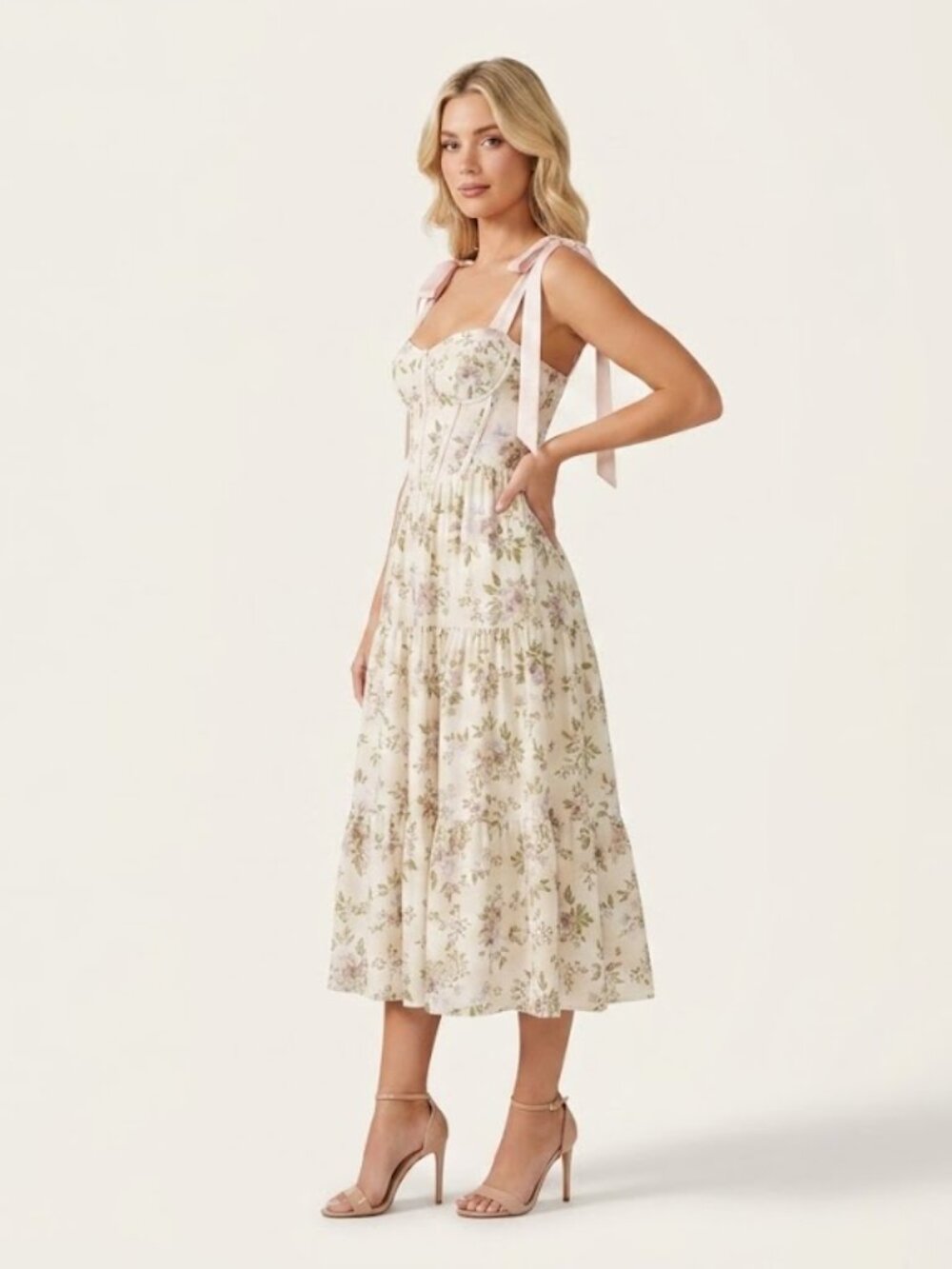 Altar'd State  Romantic Floral Corset Midi Dress Soft Pink Tie Shoulder